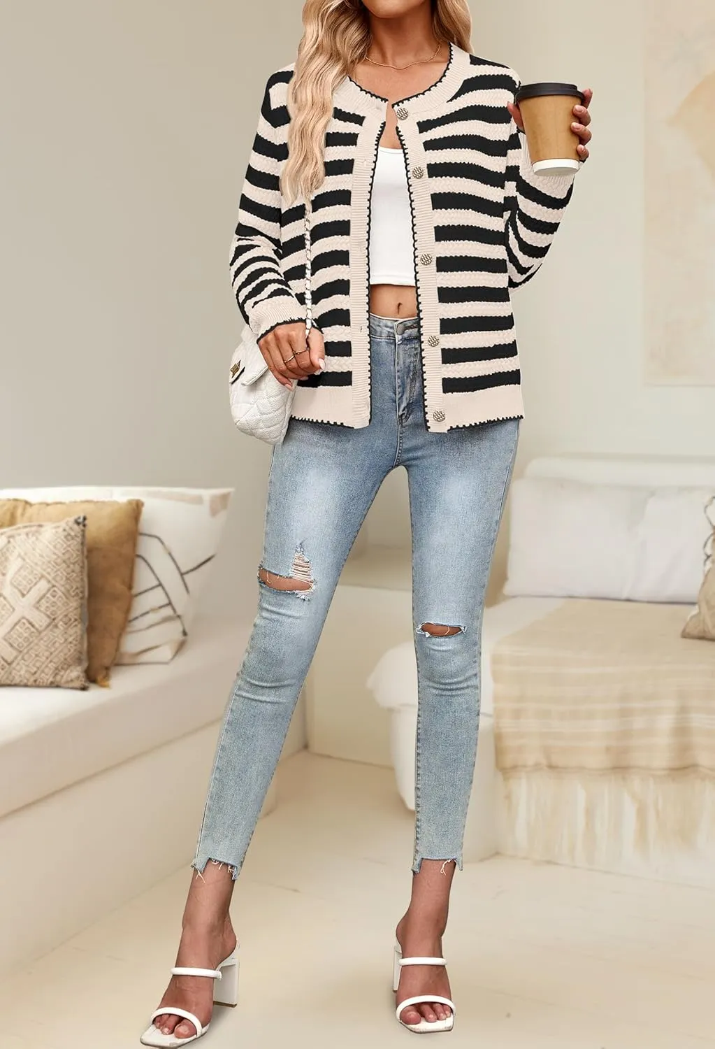 NENONA Women's Long Sleeve Striped Cardigan Sweaters Button Down Cable Knit 2024 Fall Classy Outwear