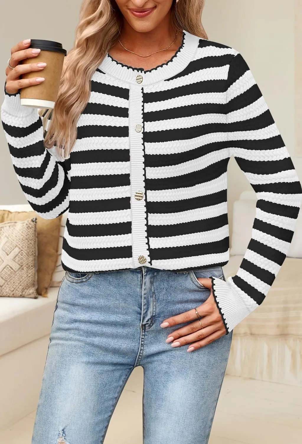 NENONA Women's Long Sleeve Striped Cardigan Sweaters Button Down Cable Knit 2024 Fall Classy Outwear