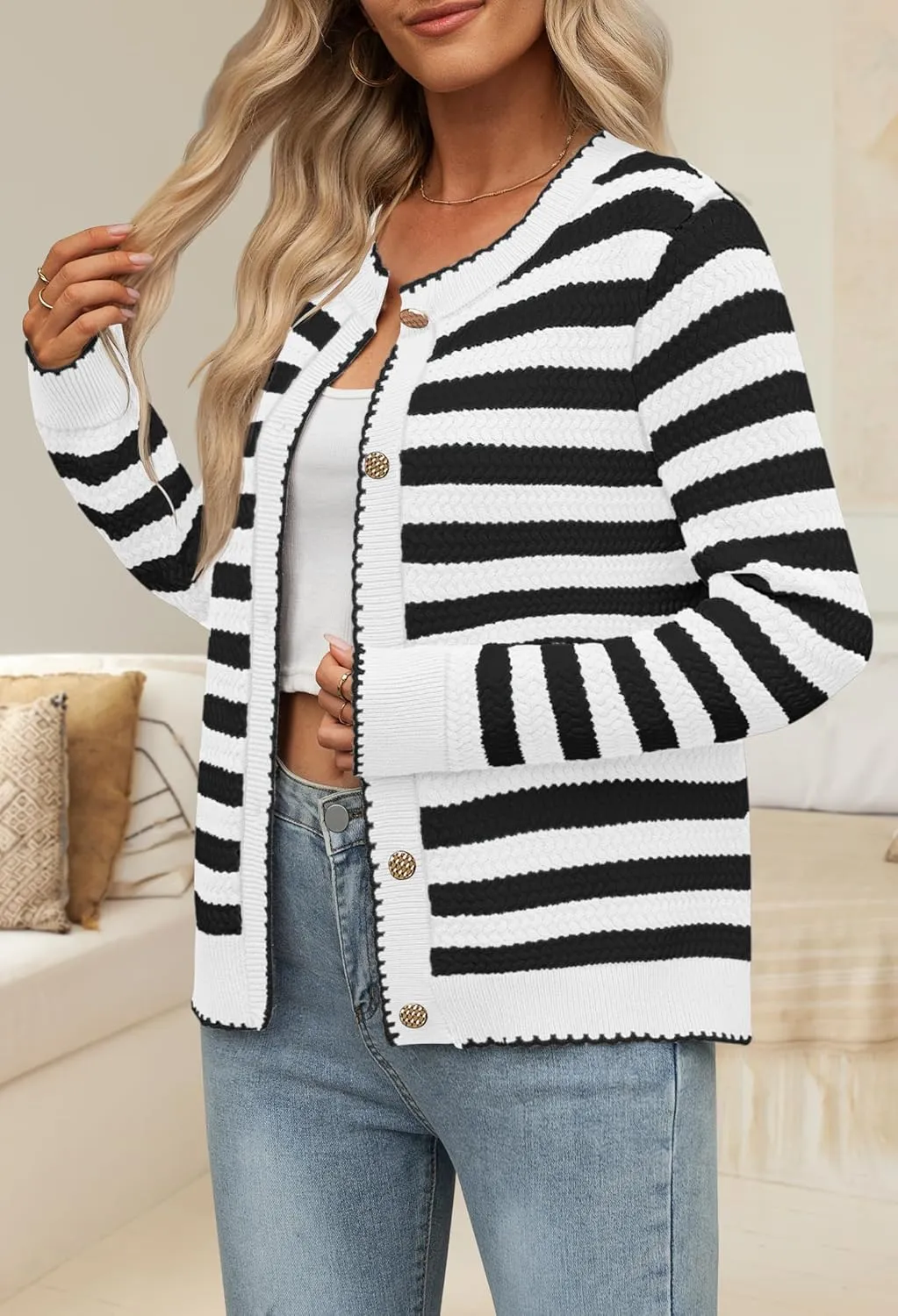 NENONA Women's Long Sleeve Striped Cardigan Sweaters Button Down Cable Knit 2024 Fall Classy Outwear