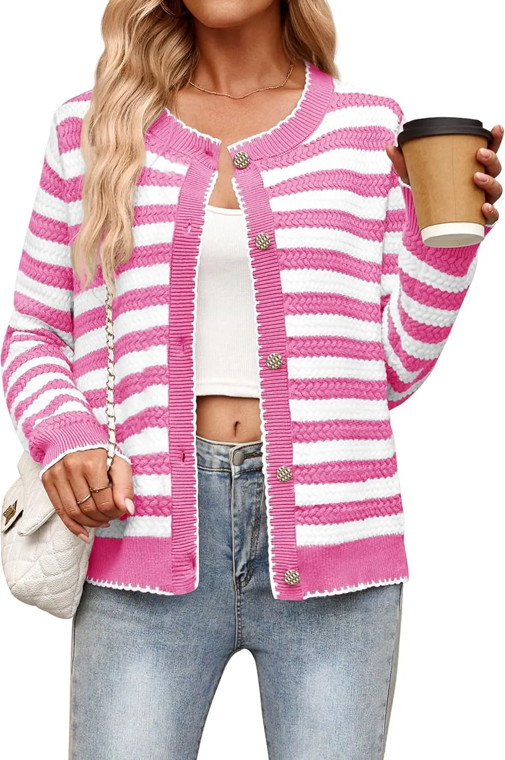NENONA Women's Long Sleeve Striped Cardigan Sweaters Button Down Cable Knit 2024 Fall Classy Outwear