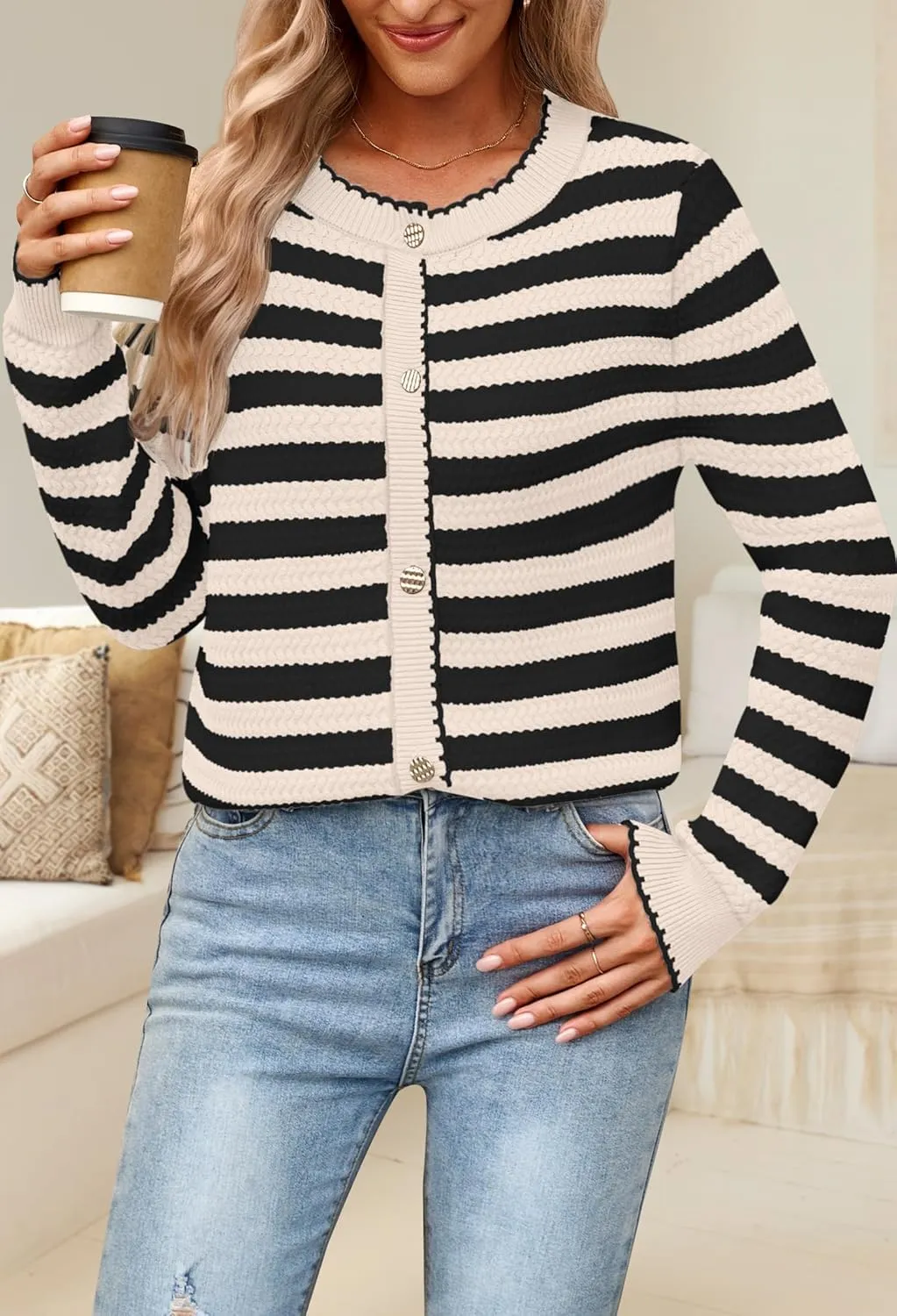 NENONA Women's Long Sleeve Striped Cardigan Sweaters Button Down Cable Knit 2024 Fall Classy Outwear