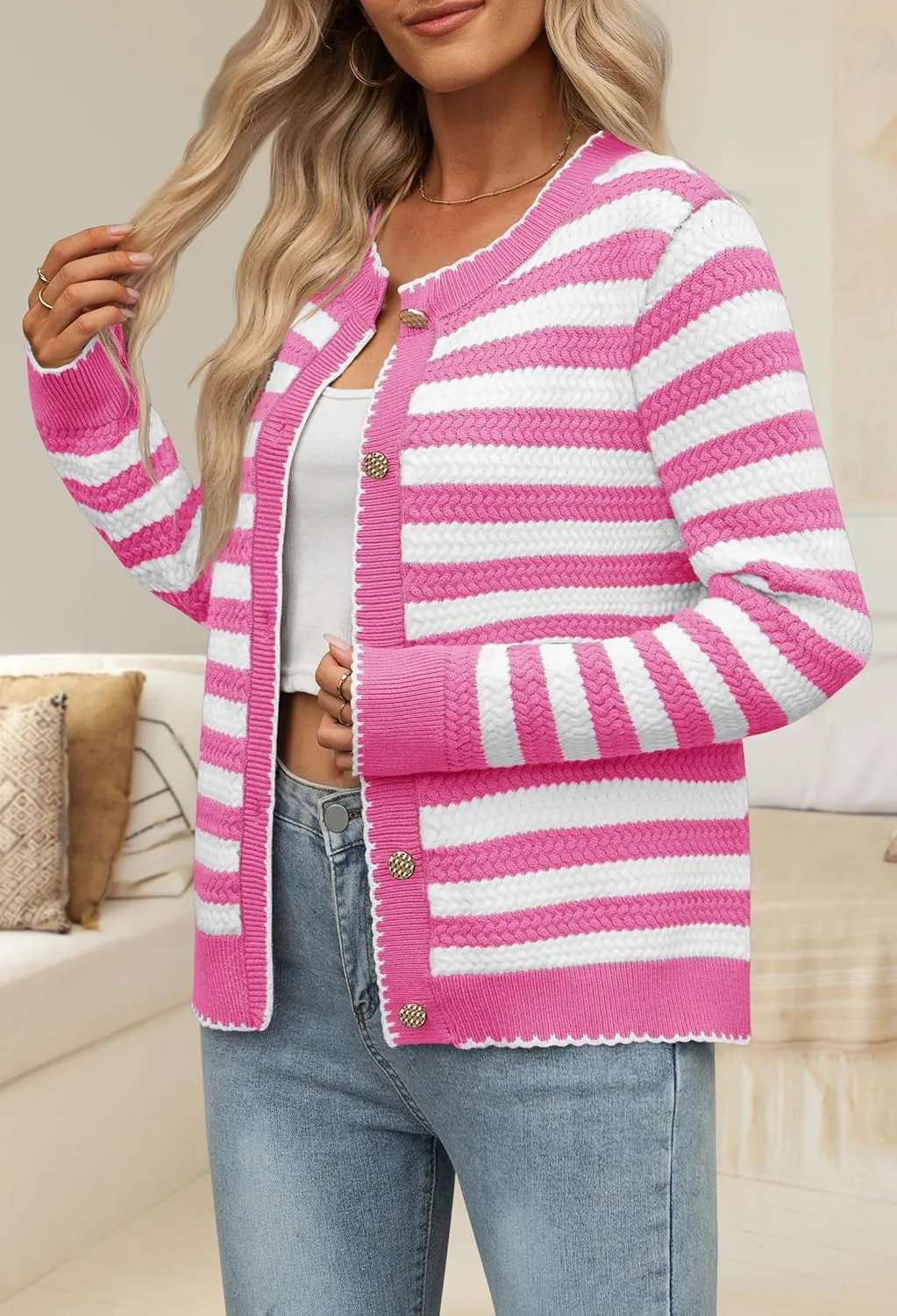 NENONA Women's Long Sleeve Striped Cardigan Sweaters Button Down Cable Knit 2024 Fall Classy Outwear