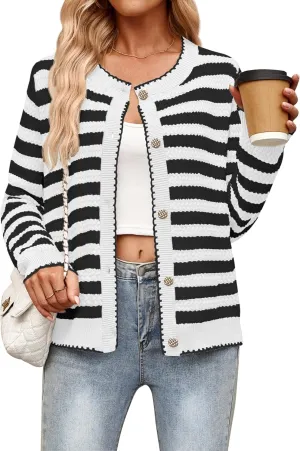 NENONA Women's Long Sleeve Striped Cardigan Sweaters Button Down Cable Knit 2024 Fall Classy Outwear