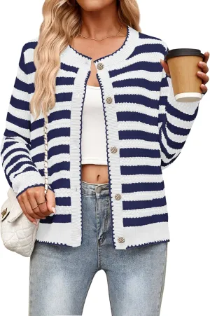 NENONA Women's Long Sleeve Striped Cardigan Sweaters Button Down Cable Knit 2024 Fall Classy Outwear