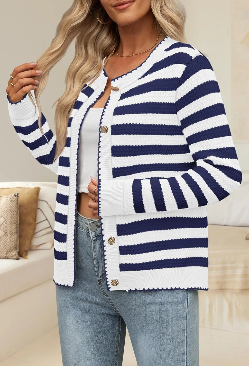 NENONA Women's Long Sleeve Striped Cardigan Sweaters Button Down Cable Knit 2024 Fall Classy Outwear