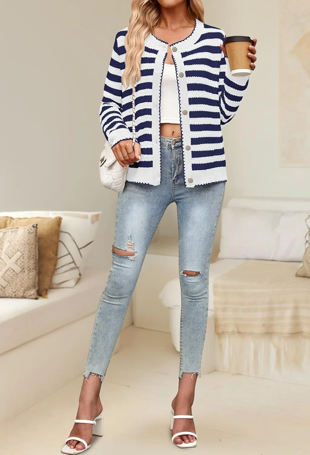NENONA Women's Long Sleeve Striped Cardigan Sweaters Button Down Cable Knit 2024 Fall Classy Outwear