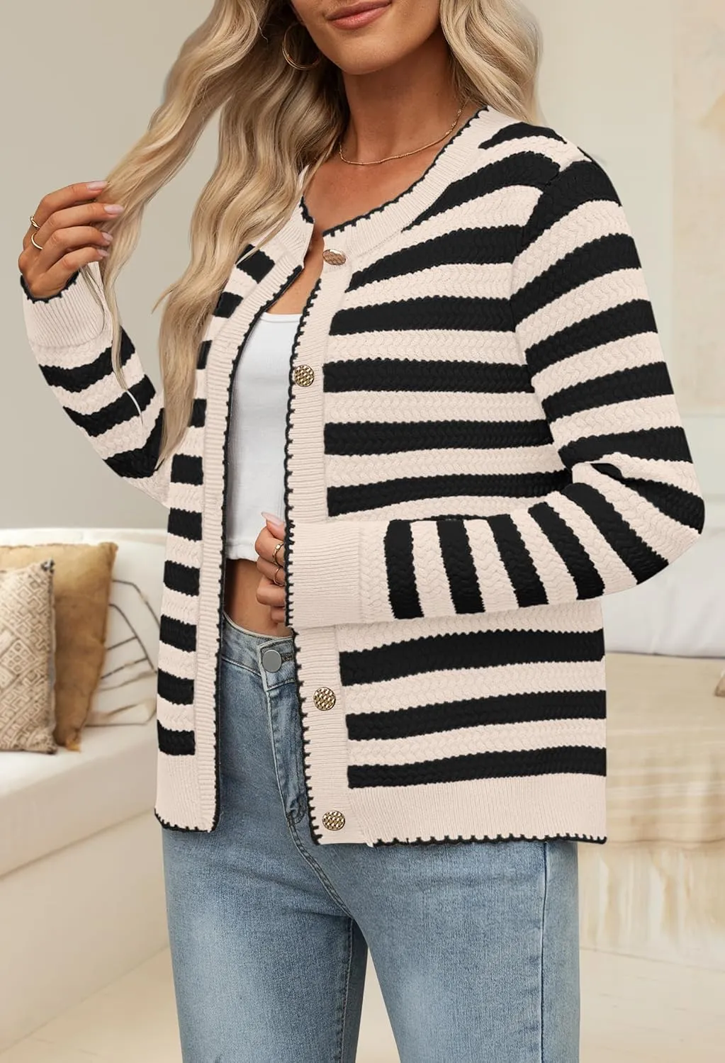 NENONA Women's Long Sleeve Striped Cardigan Sweaters Button Down Cable Knit 2024 Fall Classy Outwear