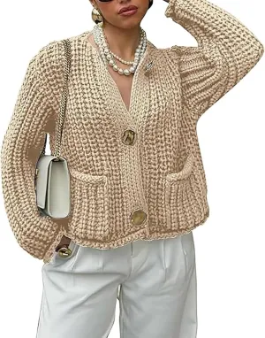NUFIWI Chunky Knit Cardigan Sweaters for Women Long Sleeve Button Down Soft Sweater Open Front Loose Fit Knitwear Jackets
