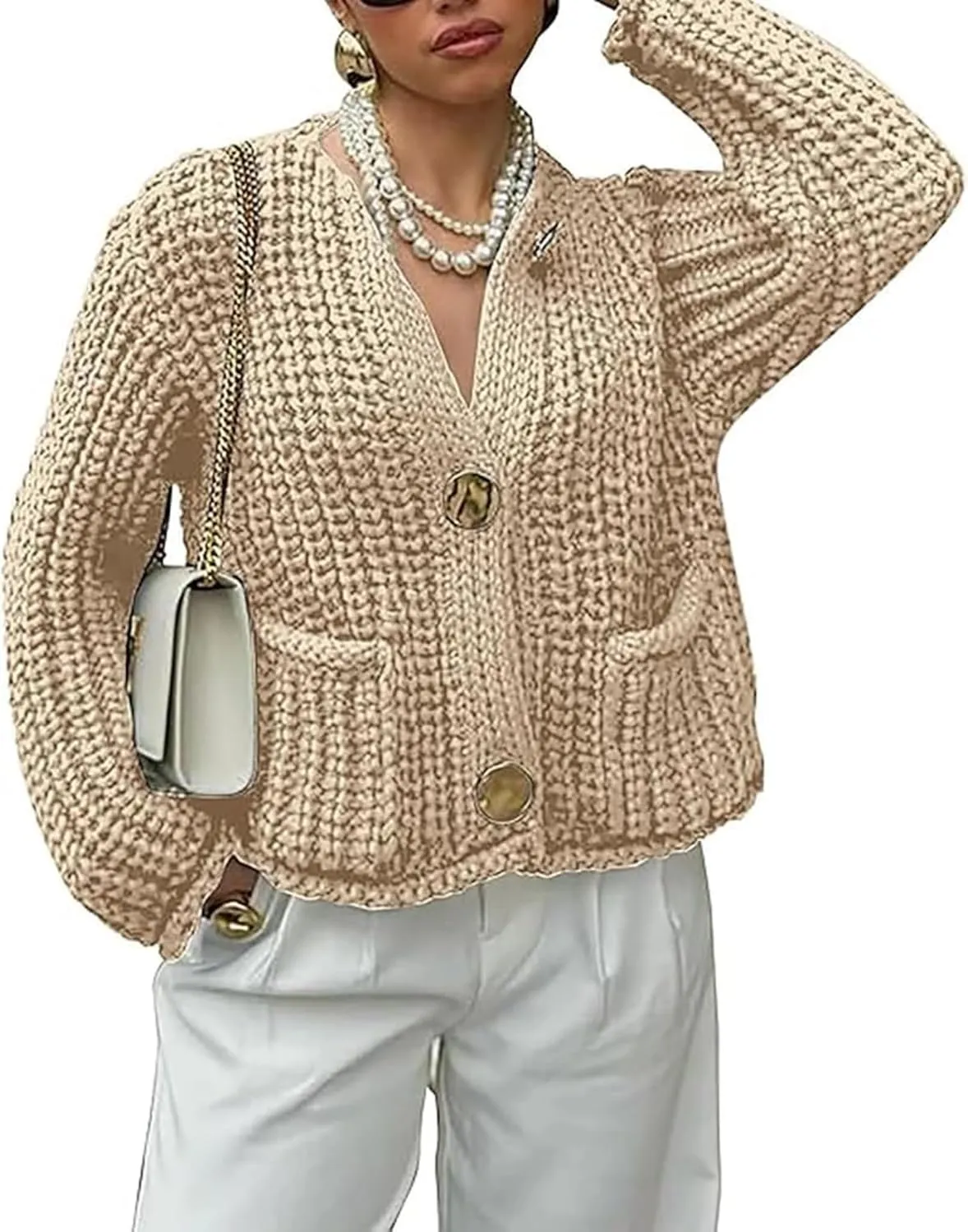 NUFIWI Chunky Knit Cardigan Sweaters for Women Long Sleeve Button Down Soft Sweater Open Front Loose Fit Knitwear Jackets