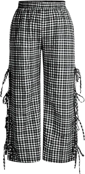 OYOANGLE Women's Plus Size Gingham Tie Sides Straight Leg Pants Plaid High Waist Trousers Y2K Lounge Pants