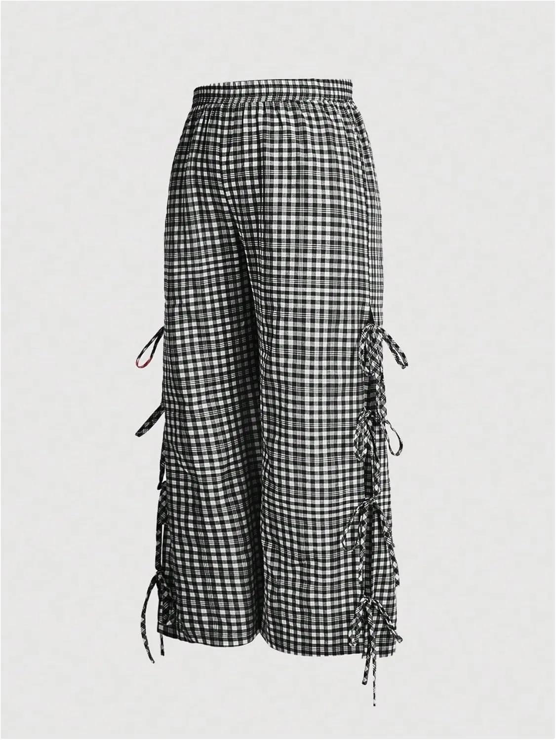 OYOANGLE Women's Plus Size Gingham Tie Sides Straight Leg Pants Plaid High Waist Trousers Y2K Lounge Pants