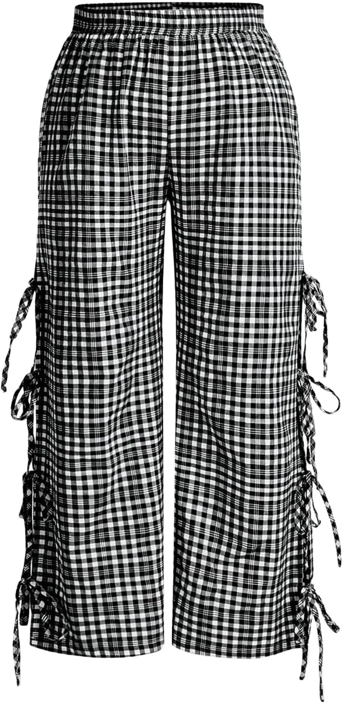 OYOANGLE Women's Plus Size Gingham Tie Sides Straight Leg Pants Plaid High Waist Trousers Y2K Lounge Pants