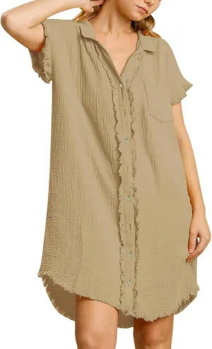 Paintcolors Women's Cotton Button Down Shirt Short Sleee Dresses Tunics Oversized Beach Cover up Blouse Tops with Pockets