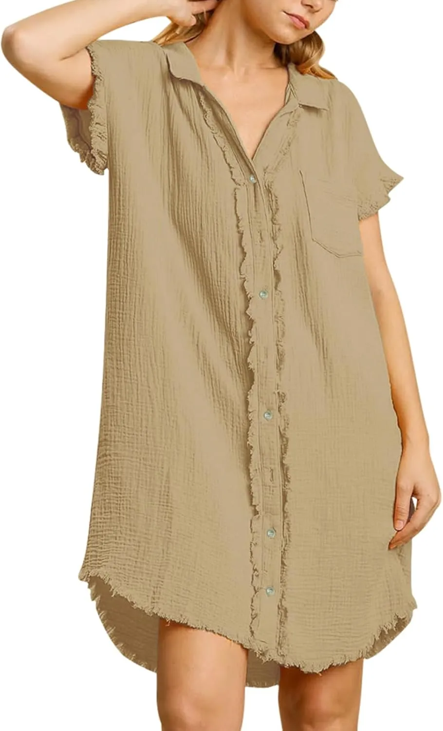 Paintcolors Women's Cotton Button Down Shirt Short Sleee Dresses Tunics Oversized Beach Cover up Blouse Tops with Pockets