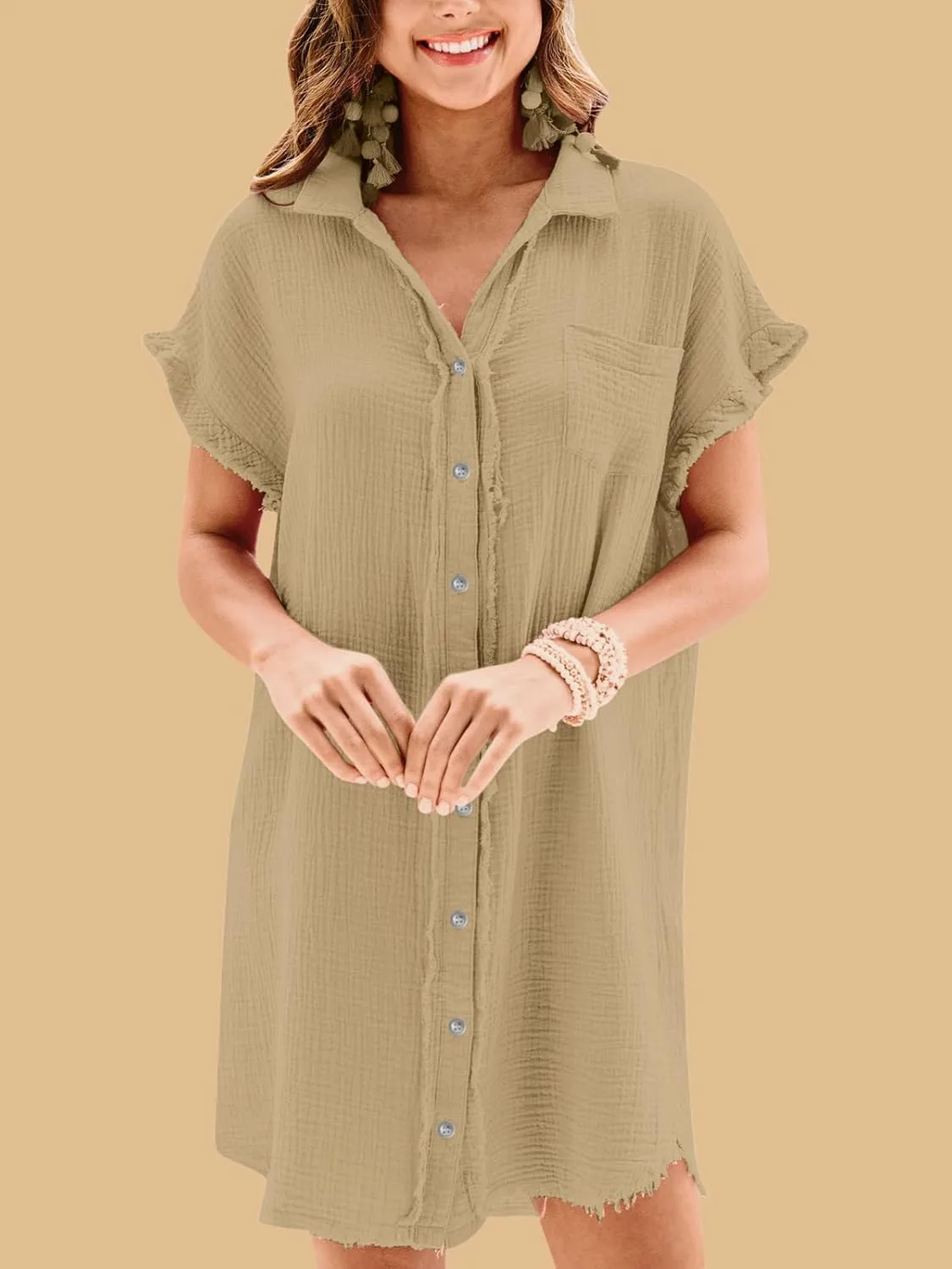 Paintcolors Women's Cotton Button Down Shirt Short Sleee Dresses Tunics Oversized Beach Cover up Blouse Tops with Pockets