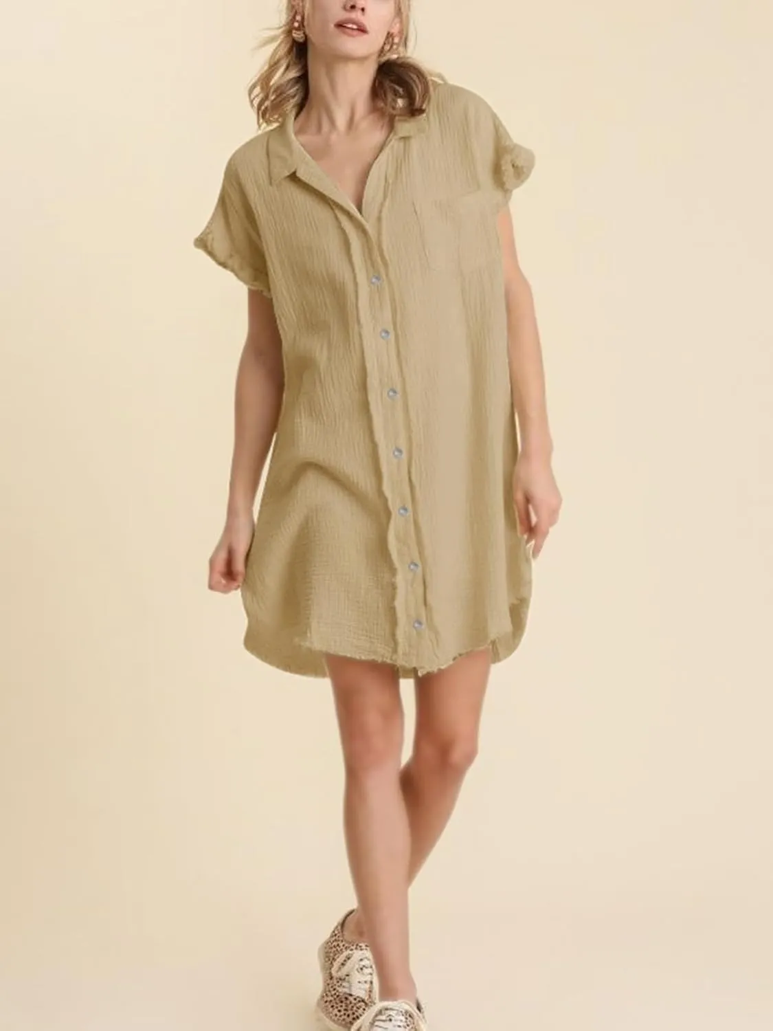 Paintcolors Women's Cotton Button Down Shirt Short Sleee Dresses Tunics Oversized Beach Cover up Blouse Tops with Pockets