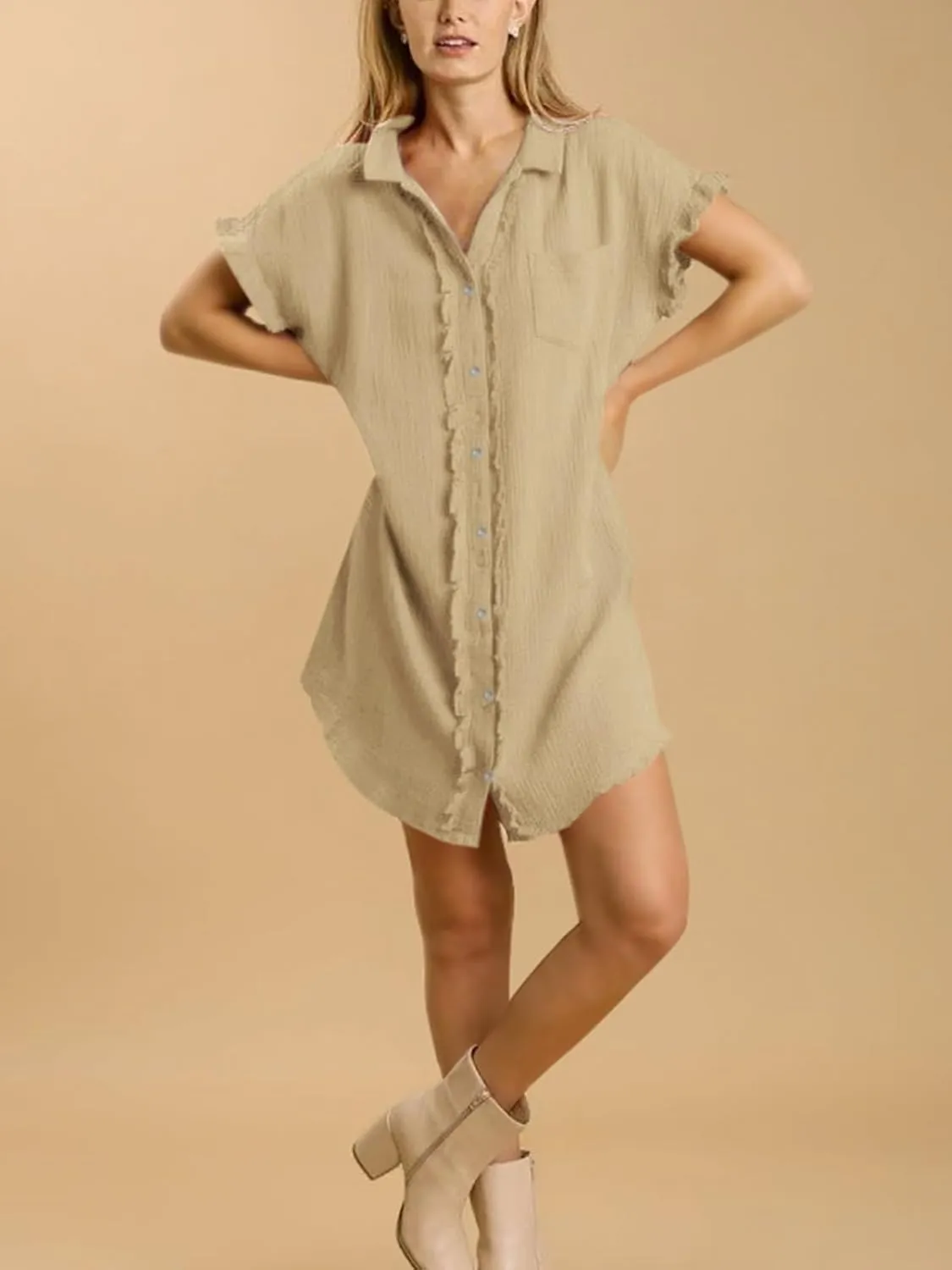 Paintcolors Women's Cotton Button Down Shirt Short Sleee Dresses Tunics Oversized Beach Cover up Blouse Tops with Pockets