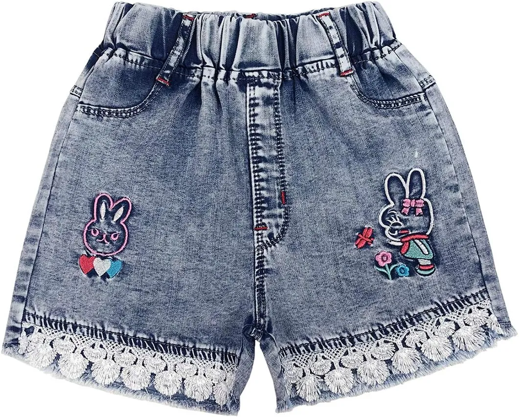 Peacolate 4-11Y Little&Big Girls Summer Denim Shorts Elastic Waistband Flower Ripped Jeans