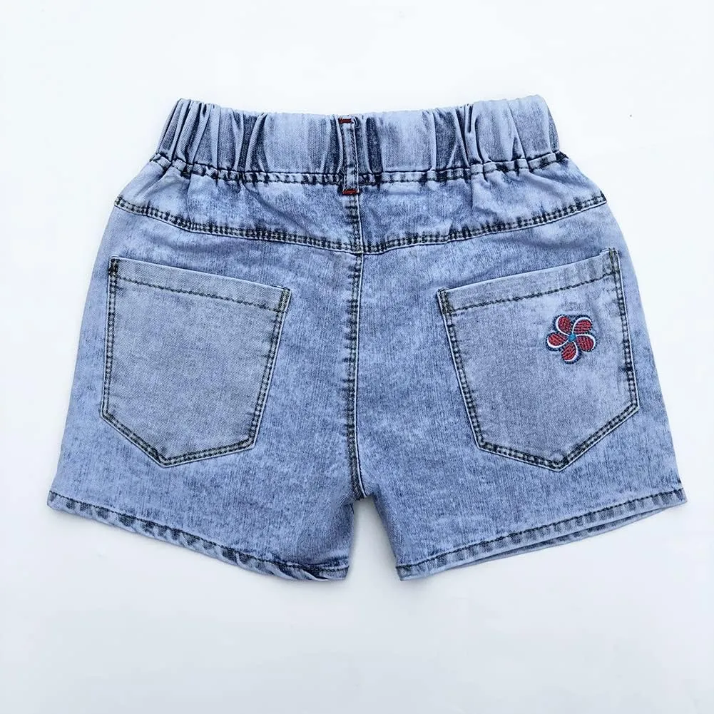 Peacolate 4-11Y Little&Big Girls Summer Denim Shorts Elastic Waistband Flower Ripped Jeans