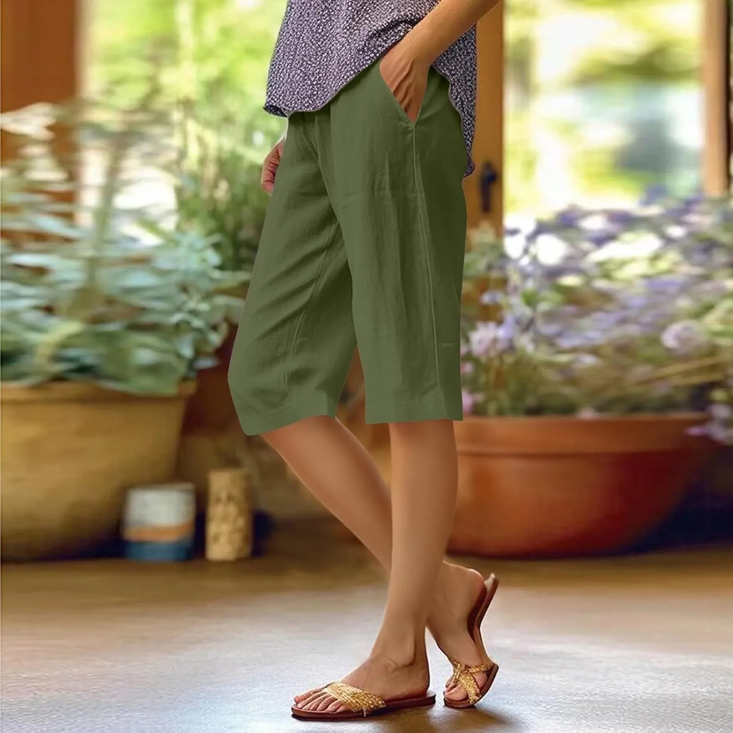 Pedal Pushers for Women Summer Casual Elastic High Waisted Wide Leg Linen Pants Baggy Bermuda Shorts with Pockets
