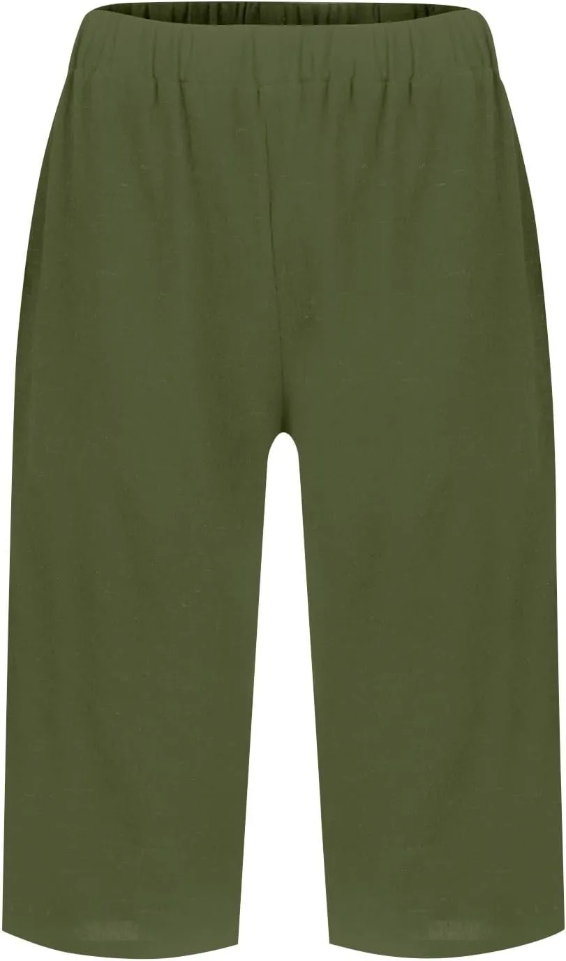 Pedal Pushers for Women Summer Casual Elastic High Waisted Wide Leg Linen Pants Baggy Bermuda Shorts with Pockets