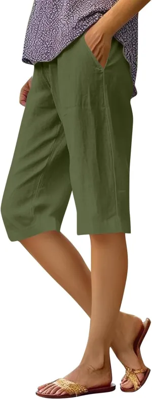 Pedal Pushers for Women Summer Casual Elastic High Waisted Wide Leg Linen Pants Baggy Bermuda Shorts with Pockets