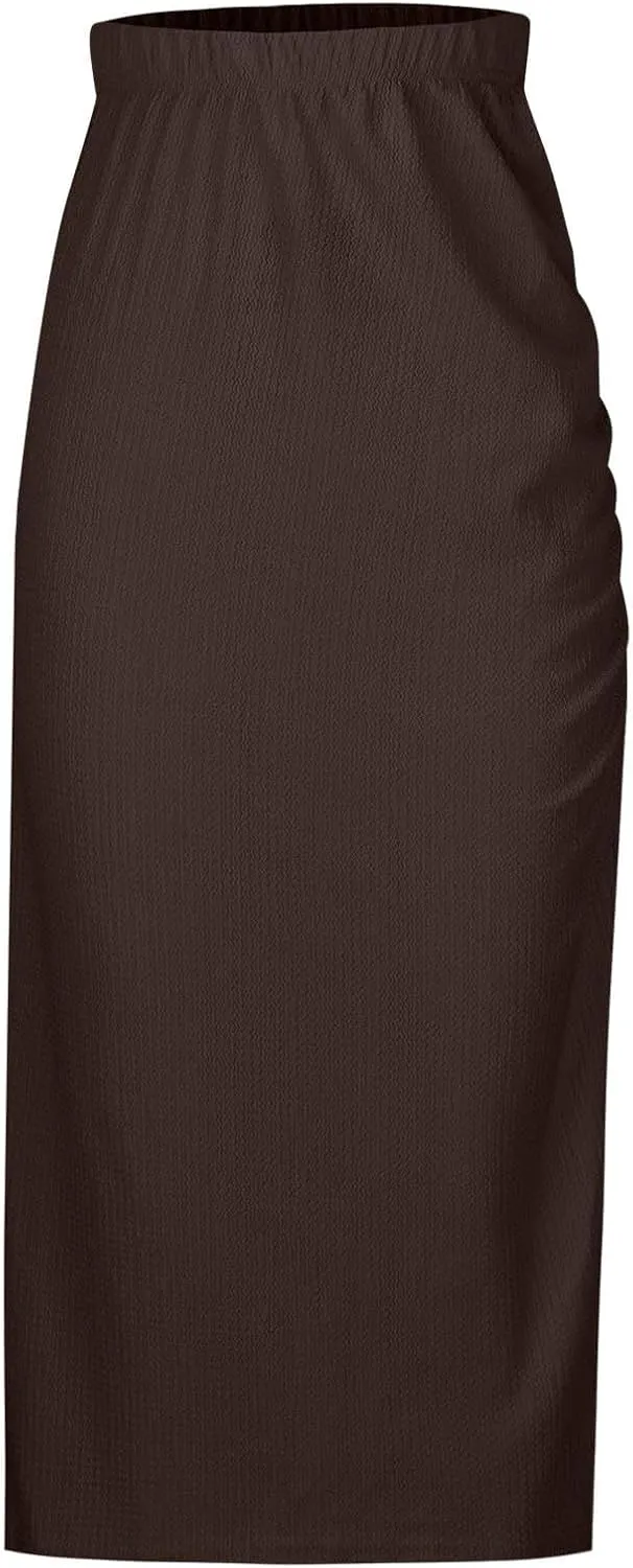 Pencil Midi Skirt for Women Summer High Waisted Ruched Bodycon Skirts with Slit Casual Solid Business Short Skirt