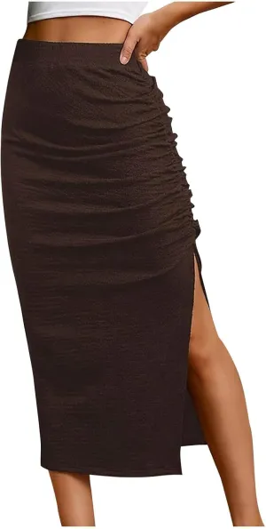 Pencil Midi Skirt for Women Summer High Waisted Ruched Bodycon Skirts with Slit Casual Solid Business Short Skirt