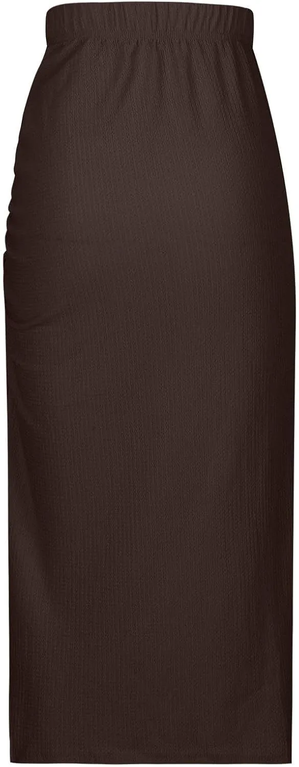 Pencil Midi Skirt for Women Summer High Waisted Ruched Bodycon Skirts with Slit Casual Solid Business Short Skirt