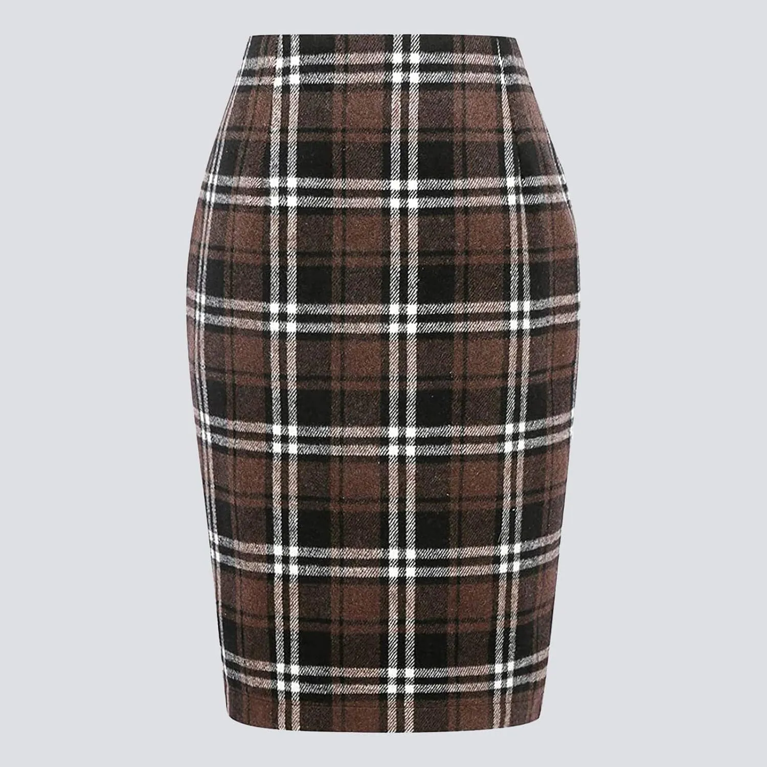 Pencil Skirt for Women Tummy Control with Slit Back Zipper Business Slim Trendy Plaid Stretchy Short Pencil Midi Skirt