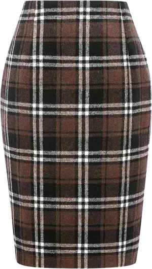 Pencil Skirt for Women Tummy Control with Slit Back Zipper Business Slim Trendy Plaid Stretchy Short Pencil Midi Skirt