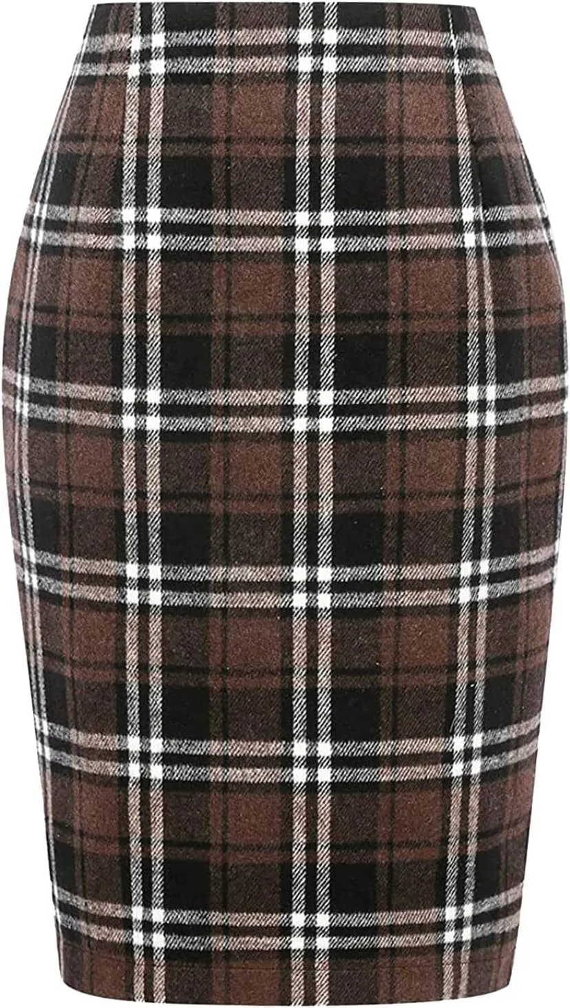 Pencil Skirt for Women Tummy Control with Slit Back Zipper Business Slim Trendy Plaid Stretchy Short Pencil Midi Skirt