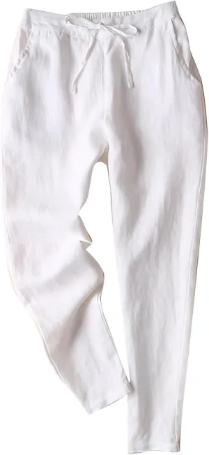 Petite Linen Pants for Women Elastic Waist Straight Leg Pants Solid Color Front Tie Casual Pants Spring/Summer Pants