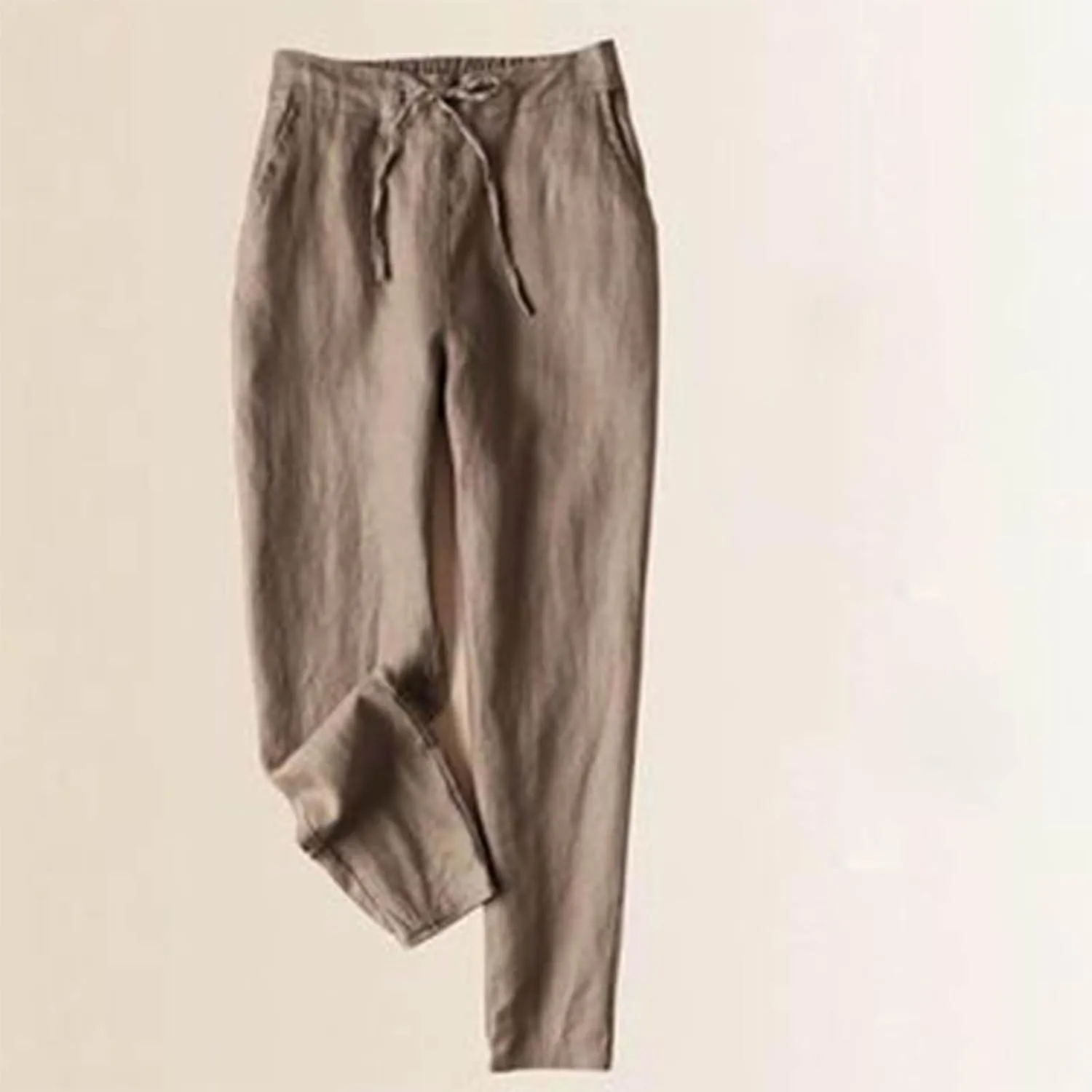 Petite Linen Pants for Women Elastic Waist Straight Leg Pants Solid Color Front Tie Casual Pants Spring/Summer Pants