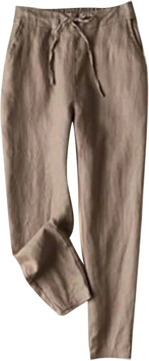 Petite Linen Pants for Women Elastic Waist Straight Leg Pants Solid Color Front Tie Casual Pants Spring/Summer Pants