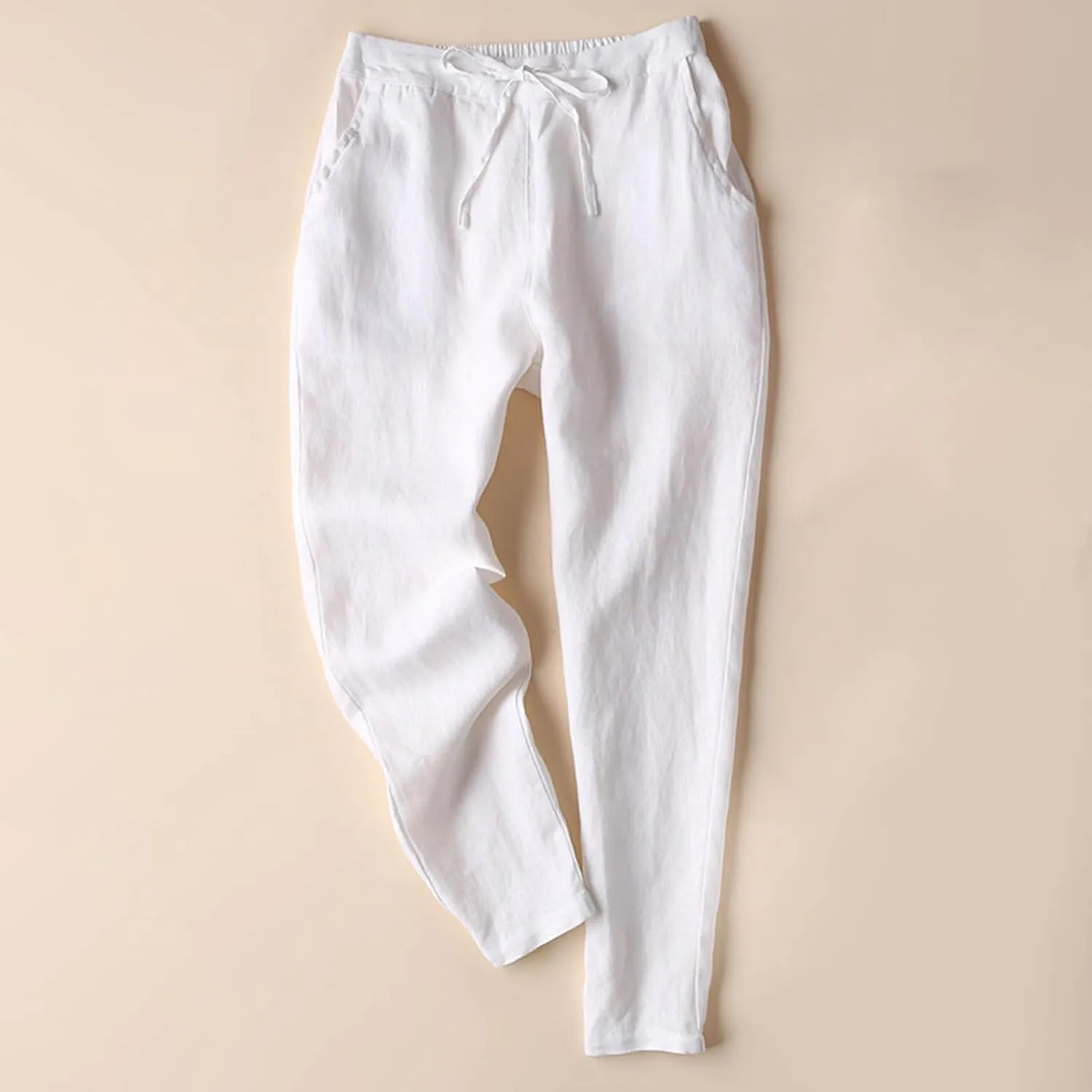 Petite Linen Pants for Women Elastic Waist Straight Leg Pants Solid Color Front Tie Casual Pants Spring/Summer Pants
