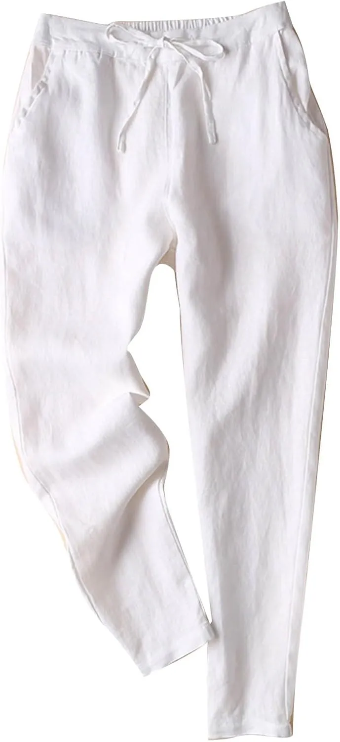 Petite Linen Pants for Women Elastic Waist Straight Leg Pants Solid Color Front Tie Casual Pants Spring/Summer Pants