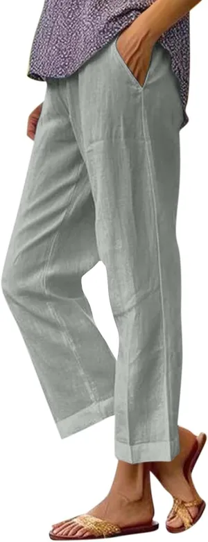 Petite Straight Leg Pants for Women Linen Summer Drawstrings High Waist Trousers with Pockets Lightweight Cropped