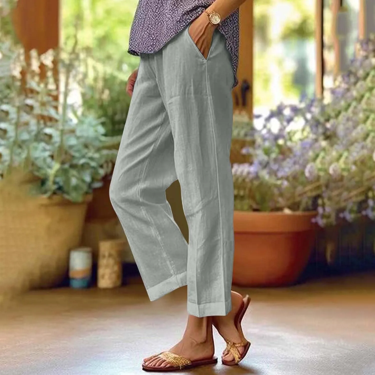 Petite Straight Leg Pants for Women Linen Summer Drawstrings High Waist Trousers with Pockets Lightweight Cropped