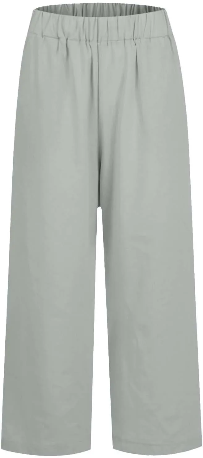 Petite Straight Leg Pants for Women Linen Summer Drawstrings High Waist Trousers with Pockets Lightweight Cropped