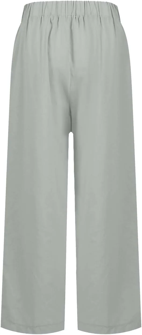 Petite Straight Leg Pants for Women Linen Summer Drawstrings High Waist Trousers with Pockets Lightweight Cropped