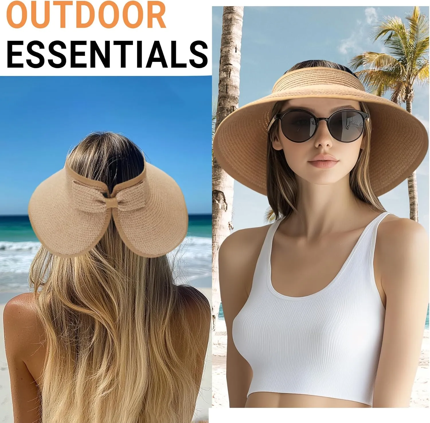 PFFY Sun Hats for Women Straw Beach Hat Packable Foldable Wide Brim Ponytail Travel Visor