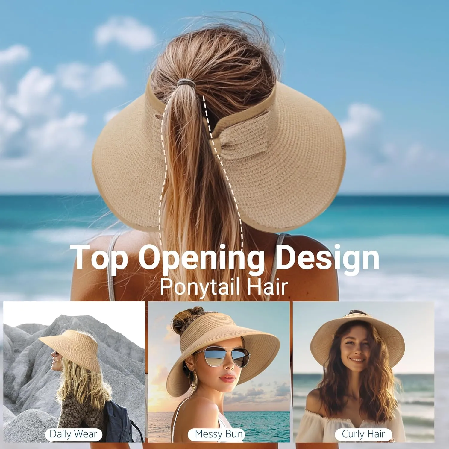 PFFY Sun Hats for Women Straw Beach Hat Packable Foldable Wide Brim Ponytail Travel Visor