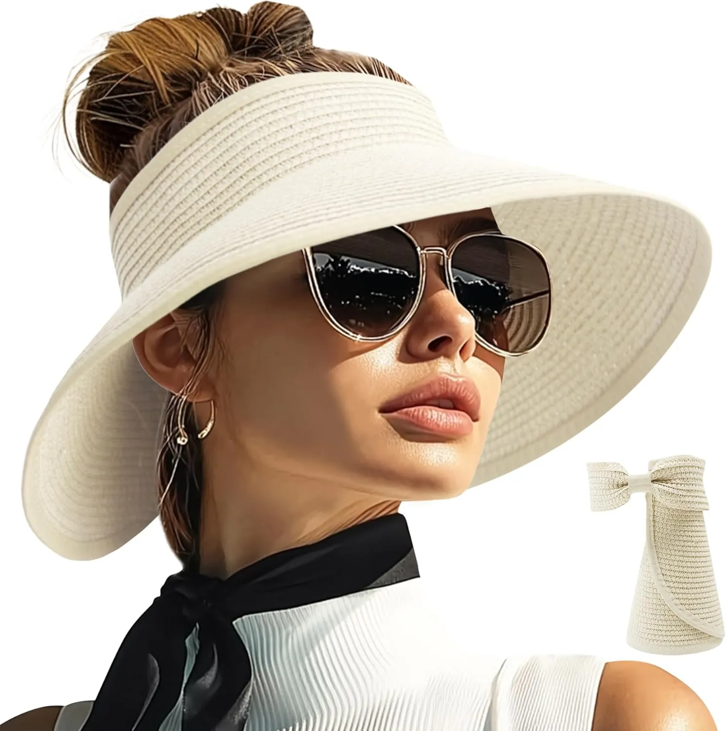 PFFY Sun Hats for Women Straw Beach Hat Packable Foldable Wide Brim Ponytail Travel Visor