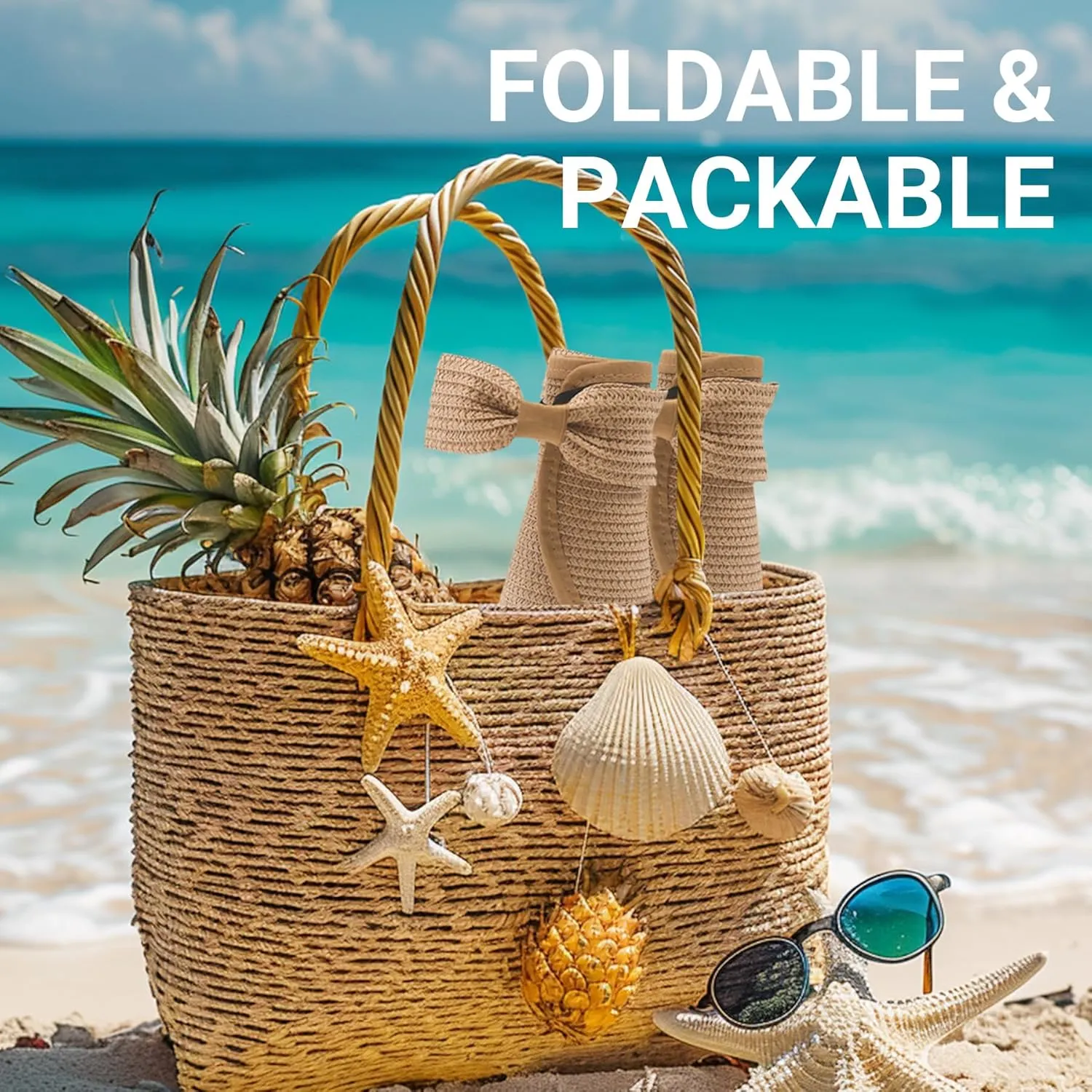 PFFY Sun Hats for Women Straw Beach Hat Packable Foldable Wide Brim Ponytail Travel Visor