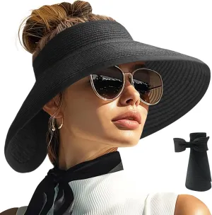 PFFY Sun Hats for Women Straw Beach Hat Packable Foldable Wide Brim Ponytail Travel Visor
