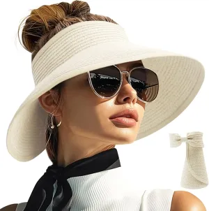 PFFY Sun Hats for Women Straw Beach Hat Packable Foldable Wide Brim Ponytail Travel Visor
