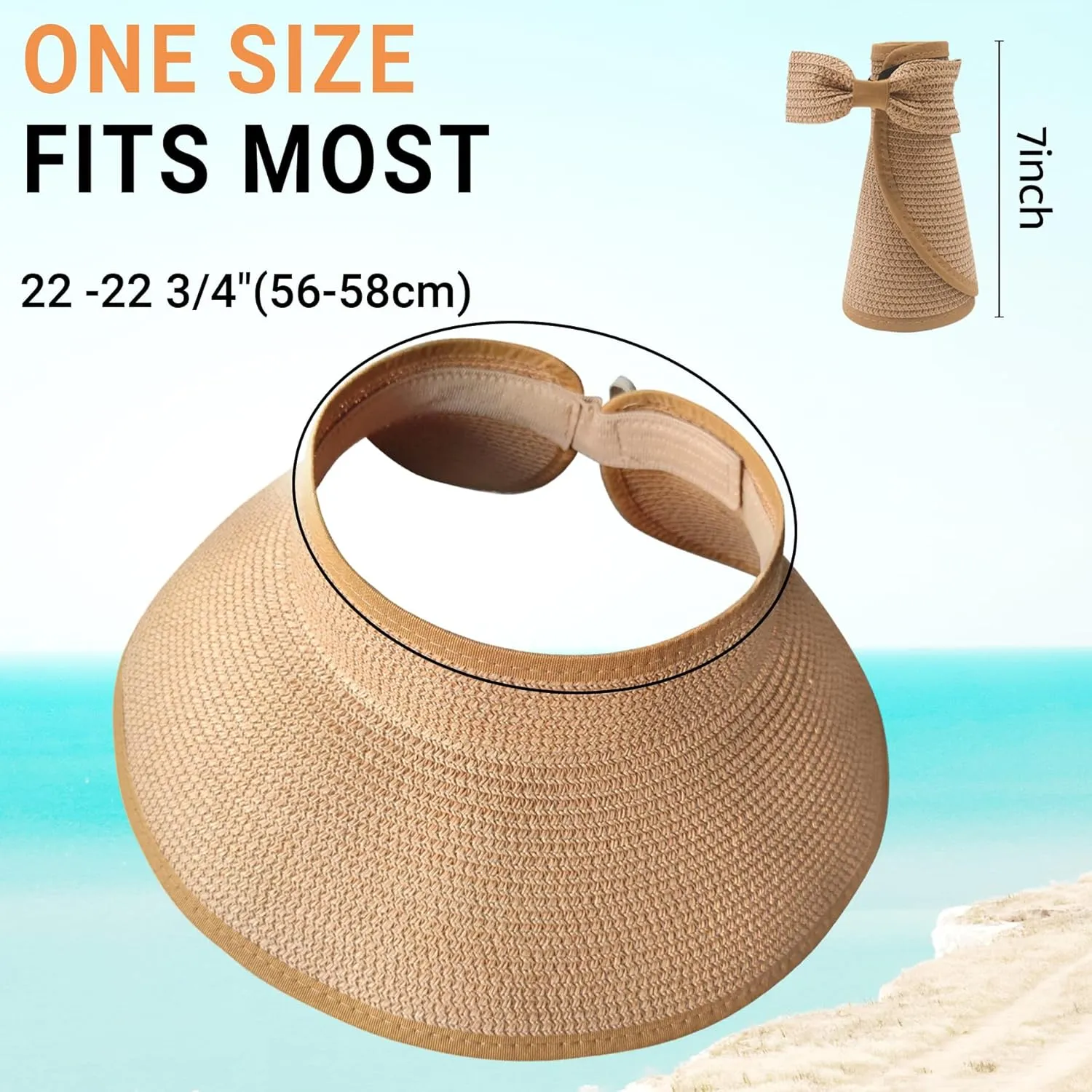 PFFY Sun Hats for Women Straw Beach Hat Packable Foldable Wide Brim Ponytail Travel Visor