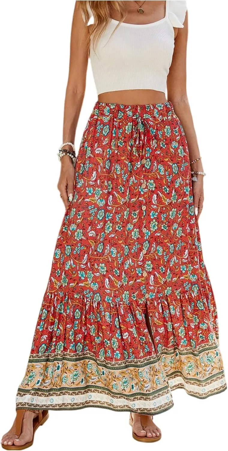 Pleated Skirts for Women, Long Boho Skirt Spring Summer Casual Flowy Maxi Skirts 2025 Trendy Wrap Tiered