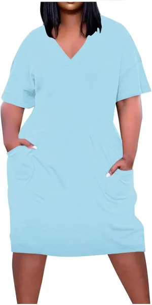 Plus Size Dress for Women Summer Solid Casual Sundresses Short Sleeve Knee Length Shirt Dress with Pockets